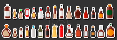 Ilustración de Ilustración en el kit temático botellas de vidrio variadas lleno chipotle salsa líquida, botellas que consisten en salsa de chipotle, etiquetas vacías para títulos, salsa de chipotle en botellas con corcho de plástico para la comida rápida - Imagen libre de derechos