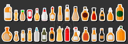 Illustration for Illustration on theme kit varied glass bottles filled liquid cocktail syrup, bottles consisting from cocktail syrup, empty labels for titles, cocktail syrup in full bottles with plastic cork to meal - Royalty Free Image