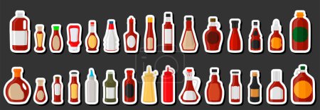 Illustration for Illustration on theme big kit varied glass bottles filled liquid sauce fish, bottles consisting from fish sauce, empty labels for titles, sauce fish in full bottles with plastic cork to fast meal - Royalty Free Image