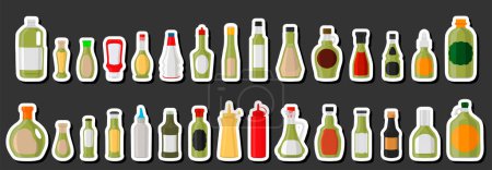 Illustration for Illustration kit varied glass bottles filled liquid sauce guacamole, bottles consisting from guacamole sauce, empty labels for titles, sauce guacamole in full bottles with plastic cork to fast meal - Royalty Free Image