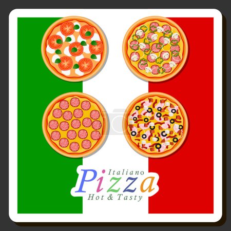 Illustration sur le thème grande pizza chaude savoureuse au menu de pizzeria, pizza italienne composée de divers ingrédients tels que pâte cuite croustillante, tomate rouge, saucisse allemande, champignons champignon et bien plus encore
