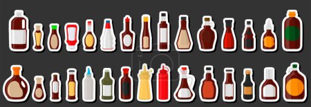 Téléchargez les illustrations : Illustration grand kit varié bouteilles en verre rempli sauce liquide teriyaki, bouteilles composées de sauce teriyaki, étiquettes vides pour les titres, sauce teriyaki en bouteilles pleines avec du liège en plastique à repas rapide - en licence libre de droit