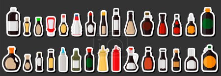 Illustration sur le thème grand kit varié bouteilles en verre rempli de sauce liquide unagi, bouteilles composées de sauce unagi, étiquettes vides pour les titres, sauce unagi en bouteilles pleines avec du liège en plastique à repas rapide