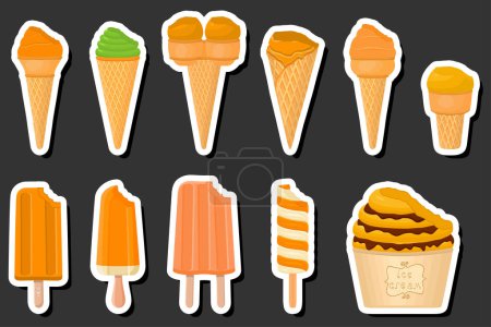 Illustration on theme big kit ice cream popsicle different types in cone waffle cup, ice cream consisting of tasty popsicle on cone waffle cup, popsicle to cone waffle cup, natural dessert ice cream