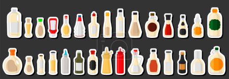 Ilustración sobre el tema kit grande botellas de vidrio variado relleno jarabe de yogur líquido, botellas que consisten en jarabe de yogur, etiquetas vacías para títulos, jarabe de yogur en botellas completas con corcho de plástico para comida rápida