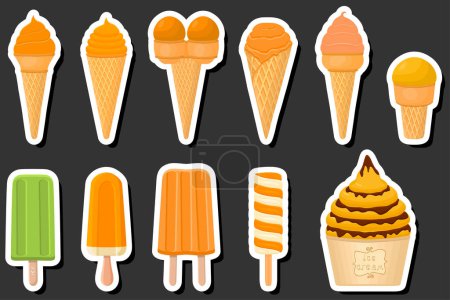 Illustration on theme big kit ice cream popsicle different types in cone waffle cup, ice cream consisting of tasty popsicle on cone waffle cup, popsicle to cone waffle cup, natural dessert ice cream