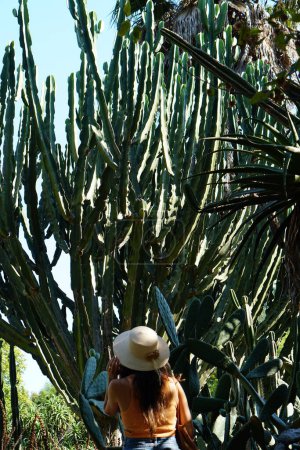 Foto de Mujer en sombrero de verano en el jardín botánico con árboles. naturaleza de verano - Imagen libre de derechos