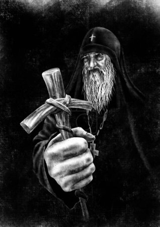 Foto de Viejo monje con una cruz ortodoxa en la mano retrato de cerca. Personaje sacerdote ilustración en blanco y negro dibujado a mano. - Imagen libre de derechos
