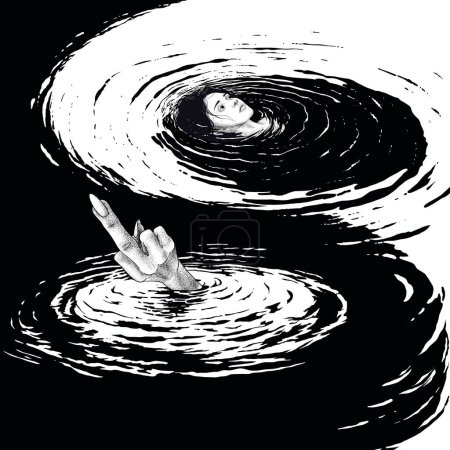  Una imagen abstracta de un símbolo yin-yang en la superficie del agua con una cara de niña y un gesto característico: ¡déjame en paz! Dibujo en estilo grabado.