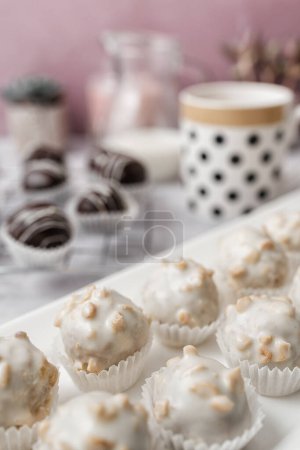 Photo for Beautiful and delicious homemade cookies or sweets with white and dark chocolate in retro grunge style. - Royalty Free Image
