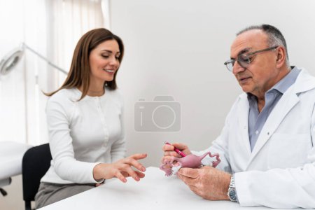 Photo for Doctor gynecologist having consultation with patient. The doctor uses the model to explain to the patient the functioning of the female reproductive system, possible problems and their prevention. - Royalty Free Image