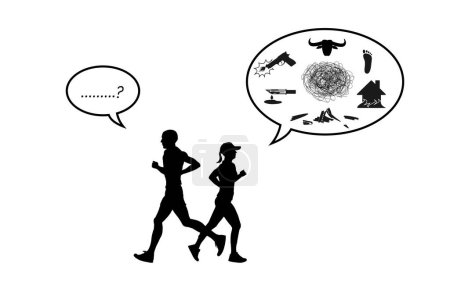 Ilustración de Siluetas de dos corredores gritan un saludo el uno al otro durante el trote, vector - Imagen libre de derechos