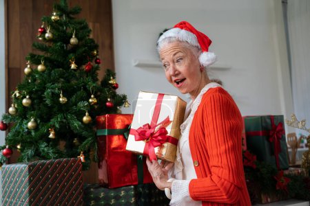 Foto de Feliz mujer mayor sonriente con regalo de Navidad en casa. - Imagen libre de derechos