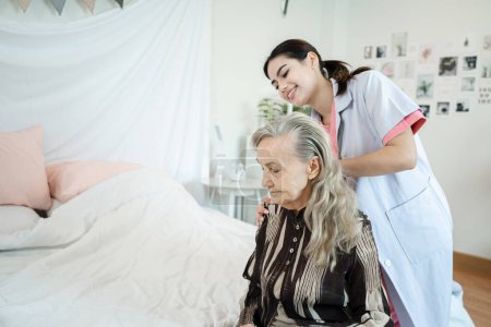 Photo for Nurse with patient in empathy at nursing home,Trust and support of help,Advice and healthcare consulting,Kounseling and medical therapy with doctor for hope. - Royalty Free Image