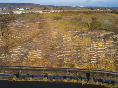Foto de Vista aérea Famosa región vinícola alemana Mosela Río Lay y Guels pueblo Otoño Colores de otoño. - Imagen libre de derechos