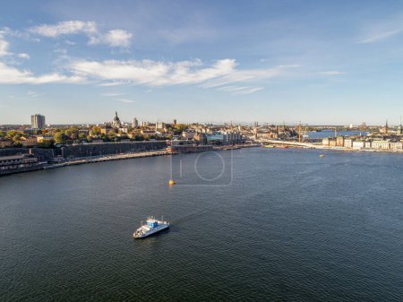 Photo for Beautiful boats. Aerial view of colorful boats in Stockholm, Sweden. Summer seascape with ships, sunny day. Top view, yachts from flying drone - Royalty Free Image