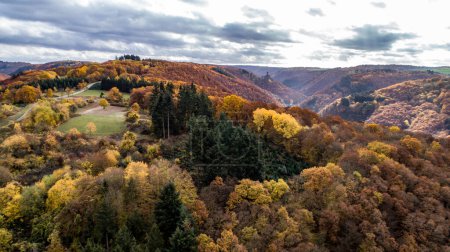 Foto de Otoño vista aérea roca con castillo medieval Ehrenburg en él cerca del río moselle en Brodenbach con colinas forestales. - Imagen libre de derechos
