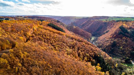 Photo for Fall autumn aerial view rock with medieval castle Ehrenburg on it near moselle river in Brodenbach with forest hills. - Royalty Free Image