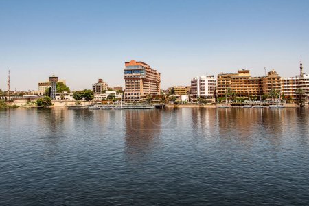Photo for Luxor, Egypt city seaflont hotels buildings Nile river bank. - Royalty Free Image