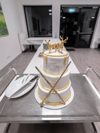 Téléchargez les photos : Deux garnitures de gâteau de mariage de rendeer avec des bâtons de magig et des éléments d'or Style Harry Potter. - en image libre de droit