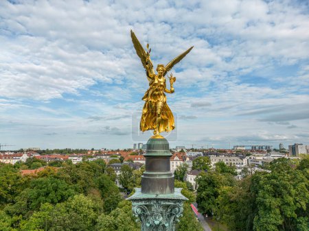 Photo for Aerial golden peace angel Friedensengel in Muenchen City Statue Munich fountain. - Royalty Free Image