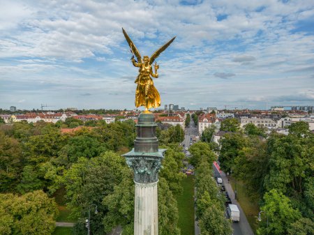 Photo for Aerial golden peace angel Friedensengel in Muenchen City Statue Munich fountain. - Royalty Free Image