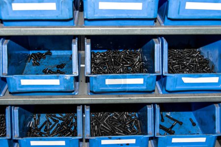 Foto de Caja azul con pequeños compartimentos de almacenamiento de construcción llenos de tornillos, tuercas, tornillos herramientas de taller. - Imagen libre de derechos