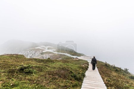 Foto de Nubes y niebla sobre el Golfo de San Lorenzo desde el paseo marítimo en el Skyline Trail en el Parque Nacional Cape Breton Highlands, Nueva Escocia. - Imagen libre de derechos