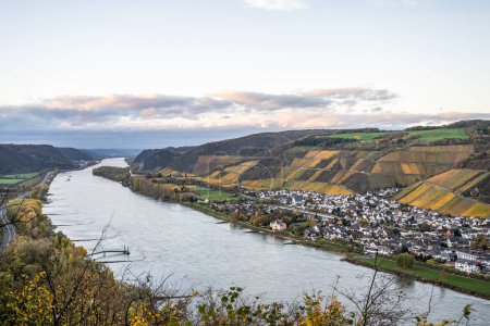 Téléchargez les photos : Automne Vibes sur les vignobles en Allemagne l'eau du Rhin en andernach près de Coblence bateaux de transport de marchandises de l'eau Couleurs d'automne - en image libre de droit