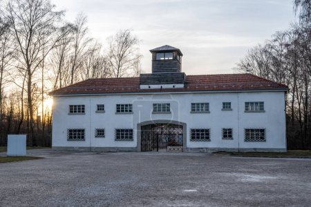 Main security building, entrance at Dachau concentration camp in Dachau, Germany.