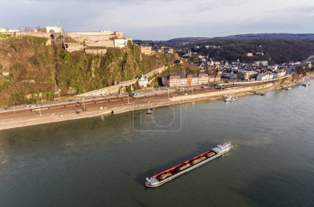 Ehrenbreitstein Fortress aerial panoramic view in Koblenz. Koblenz is city on Rhine, joined by Moselle river.