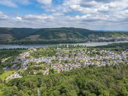 Aerial view of City Andernach Namedy and the Rhine river valley on a sunny summer day.