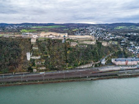 Ehrenbreitstein Fortress aerial panoramic view in Koblenz. Koblenz is city on Rhine, joined by Moselle river.