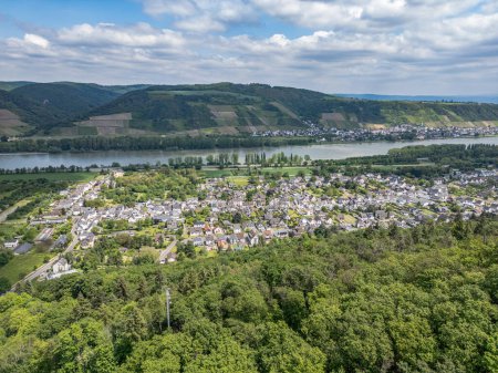 Aerial view of City Andernach Namedy and the Rhine river valley on a sunny summer day.
