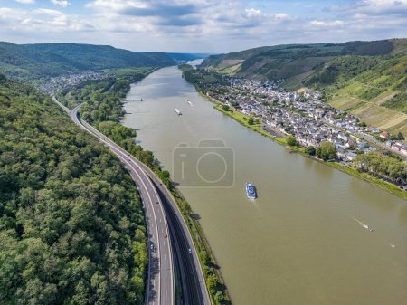 Germany Aerial of the Rhine river in andernach near koblenz viewpoint over village Leutesdorf and the river valley.