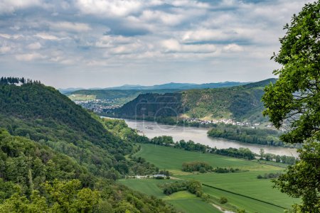 Photo for Germany the Rhine river in andernach near koblenz viewpoint over village Leutesdorf and the river valley. - Royalty Free Image