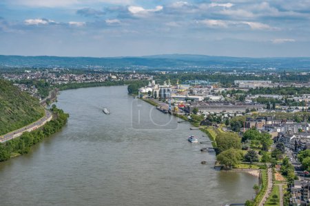 Photo for Andernach, Germany - Aerial view of the town of Andernach by the famous Rhine river in summer on a sunny day. - Royalty Free Image