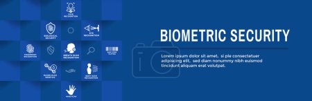 Illustration for Biometric Scanning Web Banner with Icon Set-DNA, fingerprint, voice scan, tattoo barcode, 2FA etc - Royalty Free Image