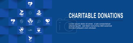 Téléchargez les illustrations : Charitable Giving with Donations Icon Set and Web Header Banner - en licence libre de droit