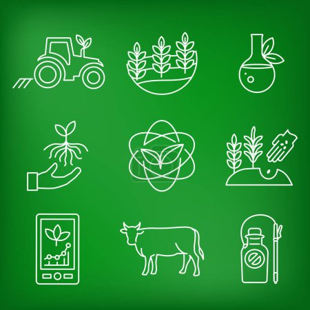 Icon Set für nachhaltige Landwirtschaft mit maximaler Bodenabdeckung und integrierter Tierhaltung - Beispiele für regenerative Landwirtschaft Icon Set