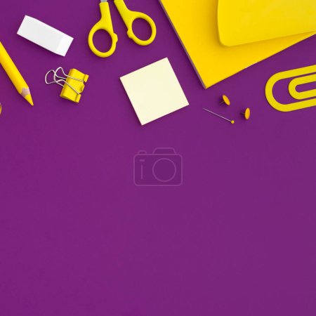 Photo for Purple background and yellow school supplies. Back to school. Flat lay. - Royalty Free Image