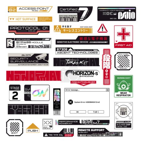 Illustration for Cyberpunk decals set. Set of vector stickers and labels in futuristic style. Inscriptions and symbols, Japanese hieroglyphs for sensitive electronic devices, keyless entry, step. - Royalty Free Image