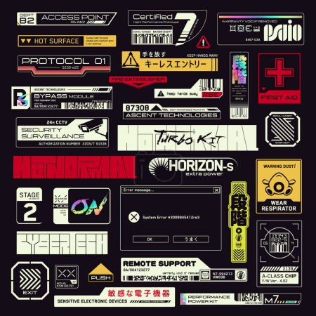 Illustration for Cyberpunk decals set. Set of vector stickers and labels in futuristic style. Inscriptions and symbols, Japanese hieroglyphs for sensitive electronic devices, keyless entry, step. - Royalty Free Image