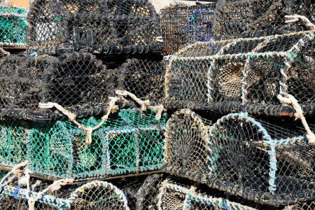 Foto de Colección de ollas de langosta apiladas a lo largo del puerto, West Bay, Dorset, Reino Unido, Europa - Imagen libre de derechos