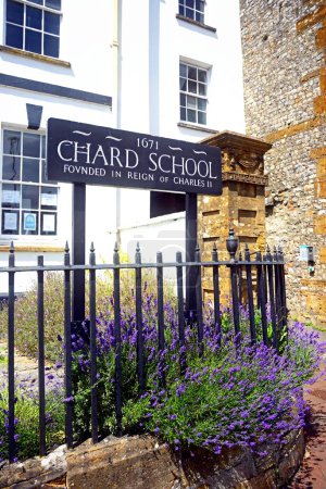 Photo for CHARD, UK - JULY 02, 2023 - Sign in front of the Chard Preparatory School along Fore Street in the old town, Chard, Somerset, UK, Europe, Chard, Somerset, UK, Europe, July 02, 2023. - Royalty Free Image