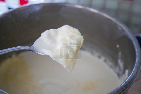 Téléchargez les photos : Lait de vache cuit et la crème de lait qui s'y forme, matière grasse du lait, - en image libre de droit