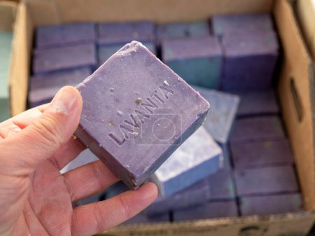 handmade natural soap, close-up natural soap molds with lavender,