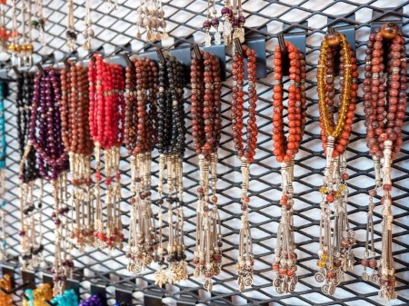 rosary culture in Turkish culture, close-up of many hand rosaries in a gift shop,