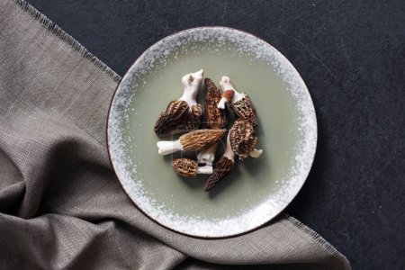 Téléchargez les photos : Morel mushrooms on a plate on black background. Flatlay - en image libre de droit
