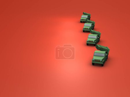 Photo for A fictitious old fashioned Russian rocket artillery. Older generation military vehicles in a row. Dangerous red background. 3D rendering. - Royalty Free Image